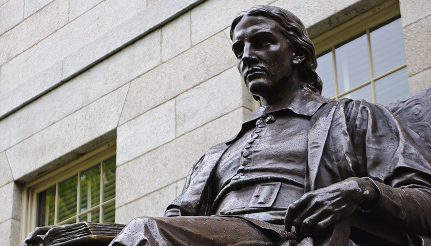 The statue of John Harvard, seen at Harvard Yard