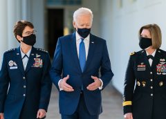 President Joe Biden walks along the Colonnade with the Combatant Commander nominees U.S. Air Force Gen. Jacqueline Van Ovost and U.S. Army Lt. Gen. Laura Richardson on Monday, March 8, 2021, along the Colonnade of the White House.