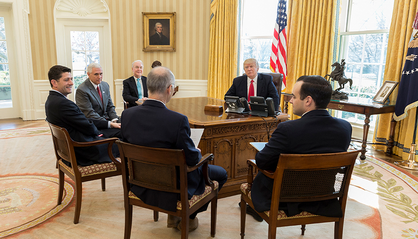 President Donald Trump meets with (from left) U.S. Secretary of Health and Human Services Tom Price; Vice President Mike Pence; Speaker of the House Paul Ryan; Dr. Zeke Emanuel; and Andrew Bremberg, Dir. Domestic Policy Council, Monday, March 20, 2017, in the Oval Office. (Official White House Photo by Benjamin Applebaum)