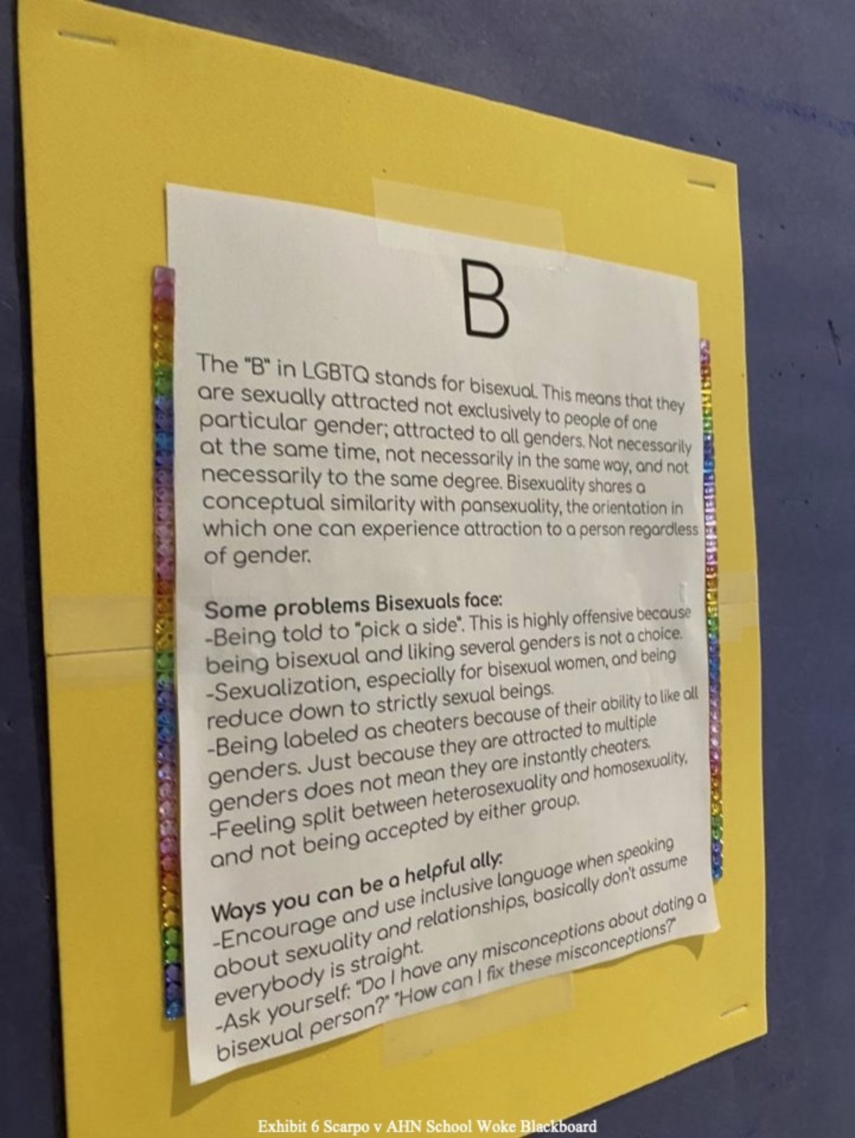 “B” poster on display at the Academy of the Holy Names. Courtesy of Adam Levine from the lawsuit exhibits.