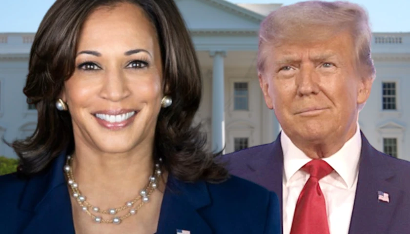 Kamala Harris and Donald Trump in front of The White House (composite image)